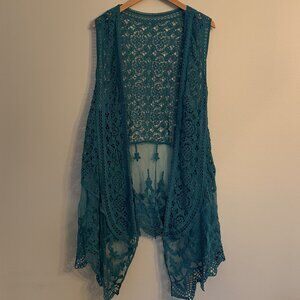 Women's Teal Lace Boho Sleeveless Kimono